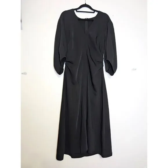 Madewell Jasmine Midi Dress Black Ruched Waist Crepe V Neck Slit Size 6 NWT - Picture 4 of 15